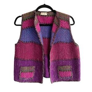 HAND WOVEN Sleeveless Open Cardigan Vest Purple Pink S/M